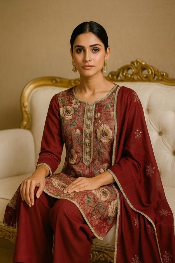 Floral Maroon Unstitched Suit Set