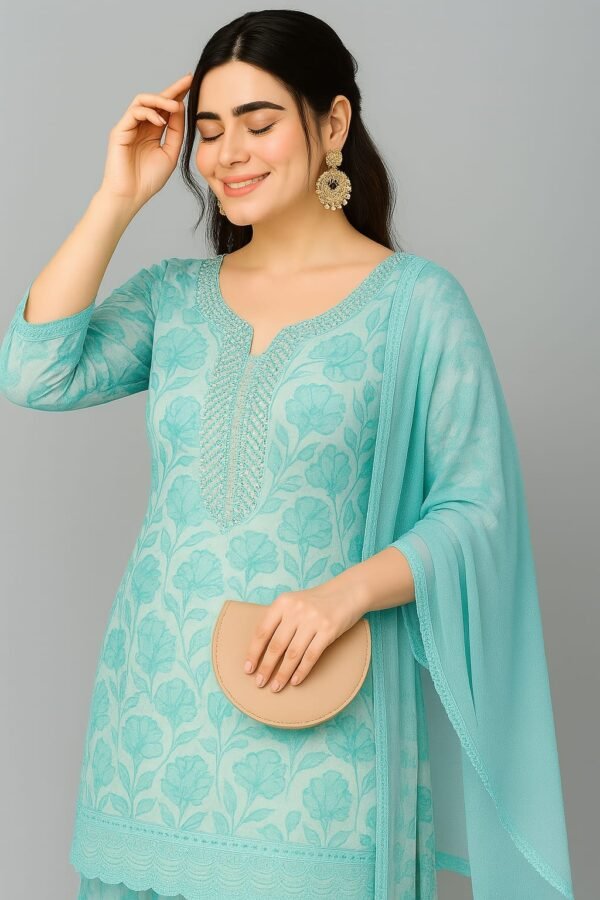 Turkish Blue Floral Embroidered Unstitched Suit Set