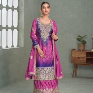 Purple and Blue Chinon Embroidered Silk Set
