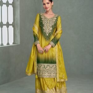 Yellow Green Embroidered Chinon Silk Suit Set
