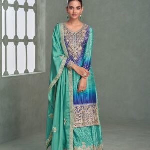 Teal Dual Shade Embroidered Chinon Silk Suit Set