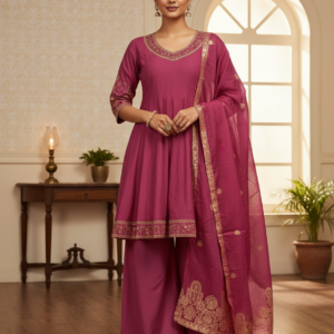 Maroon Flared Embroidered Simmer Silk Suit Set