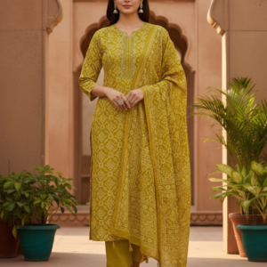 Yellow Embroidered Neck Cotton Kurti Set