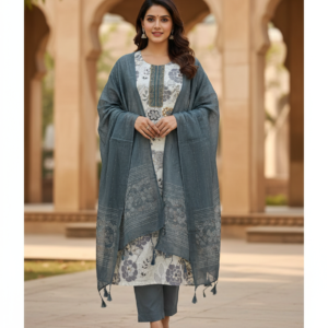 Grey N White Contrast Embroidered Neck Cotton Kurti Set