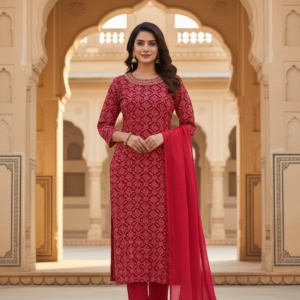 Maroon Embroidered Neck Jaipuri Print Cotton Kurti Set