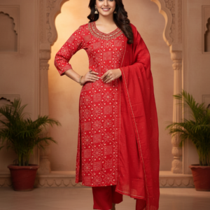 Red Jaipur Print Embroidered Neck Cotton Kurti Set