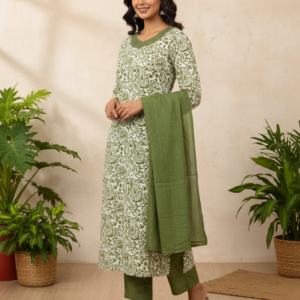 Green n White Contrast Cotton Kurti Set