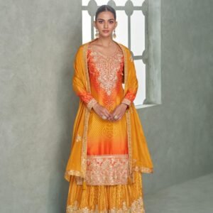 Yellow Orange Chinon Silk Embroidered Suit Set