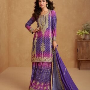 Purple Dual Shade Embroidered Chinon Silk Suit Set