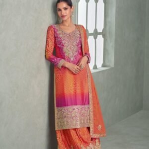Orange Purple Chinon Silk Suit Set