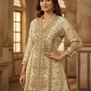 Soft Beige Embroidered Simmer Silk Kurti Set