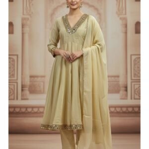 Soft Beige Flared Embroidered Simmer Silk Set