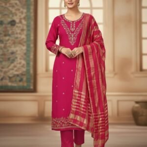 Rani Pink Embroidered Simmer Silk Kurti Set