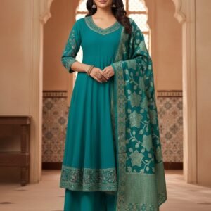 Teal Green Flared Embroidered Simmer Silk Set