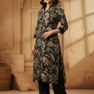 Black Floral Vetican Silk Kurti Set