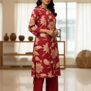 Red Floral Vetican Silk Kurti Set