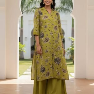 Cyan Floral Vetican Silk Kurti Set