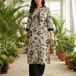 Black n White Contrast Vetican Silk Kurti Set